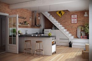 Kitchen Designs Thumbnail size Kitchen Design Ideas With Wooden Flooring Design With Brick Wall Design With White Staircase With Kitchen Island Design And Open Kitchen Shelving Design And Bar Stool