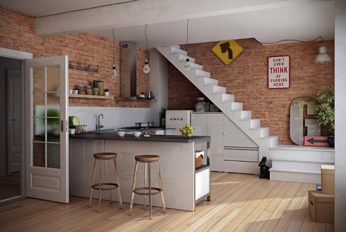 Kitchen Designs Kitchen Design Ideas With Wooden Flooring Design With Brick Wall Design With White Staircase With Kitchen Island Design And Open Kitchen Shelving Design And Bar Stool Kitchen Wall Tile Ideas In Ceramics