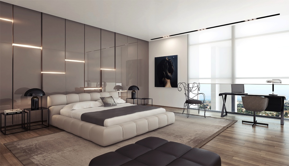 Modern Bedroom Decoration Ideas From Grey Gloss Wall Interior And Great Natural Lighting From Bay Window Design And Wooden Flooring Design And Furniture Ideas From Room Designer Softwaret Ideas