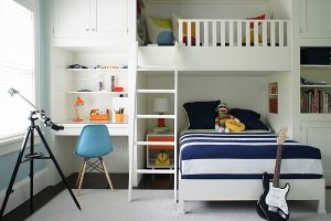 Furniture + Accessories Thumbnail size Modern Bedroom Design Ideas With Bunk Bed Idea Guitar Built In Desk Telescope Colorful Cushion Bookcase Single Bed Glass Window Level Bed Ideas White Bedroom Ideas