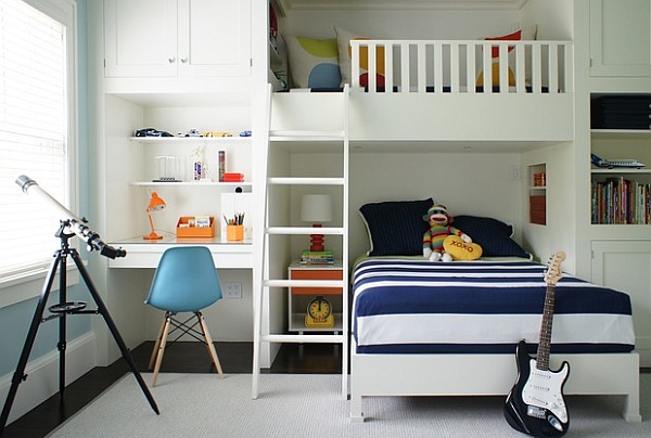 Furniture + Accessories Modern Bedroom Design Ideas With Bunk Bed Idea Guitar Built In Desk Telescope Colorful Cushion Bookcase Single Bed Glass Window Level Bed Ideas White Bedroom Ideas Unique Bookcase Design As Decoration