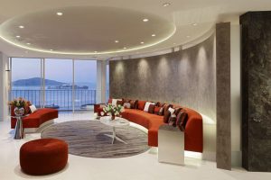 Ideas Thumbnail size Modern Living Room Design Ideas With Round Sofa Design And Cushion With Small Coffe Table With Sliding Glass Door With Awesome View With Red Pouf Ideas