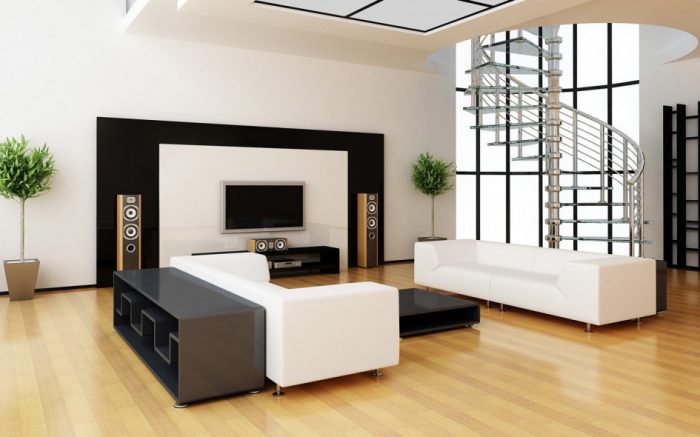 Ideas Modern Living Room Design Ideas With Wood Vinyl Floor Design With White Sofa For Living Room Furniture Sets With Tv Wall Units Design With Stainless Steel Staircase Design Ideas The System And Benefits Smart Home Technology