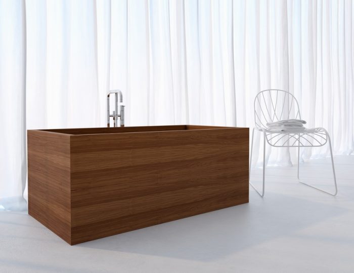 Bathroom Designs Medium size Modern Wooden Bathtub Design Ideas Gaia Bathtub American Design Walnut Stainless Faucet White Curtains White Flooring White Chair