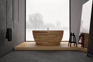 Bathroom Designs Modern Wooden Bathtub Design Ideas Munai Bathtub Bay Window Grey Flooring Grey Wall Mirror Design Wood Bathtub Designs