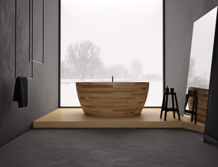 Bathroom Designs Medium size Modern Wooden Bathtub Design Ideas Munai Bathtub Bay Window Grey Flooring Grey Wall Mirror Design