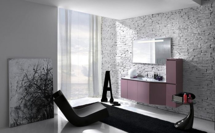 Bathroom Designs Medium size Bathroom Designs Mounted Mirror And Black Rug Modern Bathrooms With White Stone Wall Design Ideas With Pink Bathroom Storage Design Idea And White Curtain Ideas With Bay Window Modern Bathrooms For Minimalist House