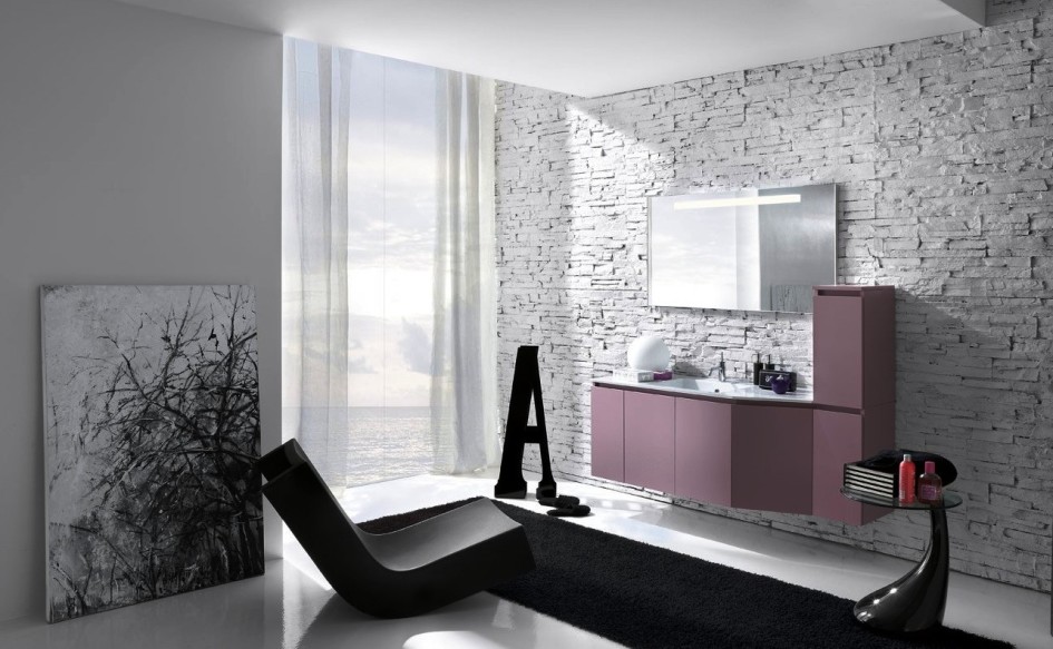 Bathroom Designs Mounted Mirror And Black Rug Modern Bathrooms With White Stone Wall Design Ideas With Pink Bathroom Storage Design Idea And White Curtain Ideas With Bay Window Modern Bathrooms For Minimalist House