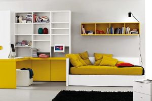 Furniture + Accessories Thumbnail size Ochre White Bed Room Design Ideas White Wardrobes Yellow Desk Yellow Comfy Sofa Yellow Cushion Yellow Wallshelves White Wall White Chest Of Drawer Small Black Rug Ideas