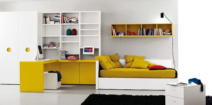 Furniture + Accessories Ochre White Bed Room Design Ideas White Wardrobes Yellow Desk Yellow Comfy Sofa Yellow Cushion Yellow Wallshelves White Wall White Chest Of Drawer Small Black Rug Ideas Unique Bookcase Design As Decoration