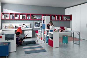 Furniture + Accessories Thumbnail size Red White Blue Contemporary Teenagers Room Design Ideas Red Bookcase In Grey Wall White Bookcase Small Carpet Flooring Marble Flooring White Sofa Red Table Ideas