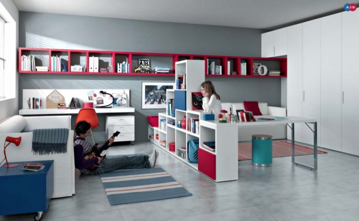 Furniture + Accessories Red White Blue Contemporary Teenagers Room Design Ideas Red Bookcase In Grey Wall White Bookcase Small Carpet Flooring Marble Flooring White Sofa Red Table Ideas Unique Bookcase Design As Decoration