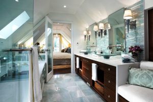 Bathroom Designs Thumbnail size Sloping Ceiling Design Ideas And Washbasin Cabinet Design With White Touch And Marble Floor Design Ideas And Luminous Glass Door For Bathroom Interior Design Ideas