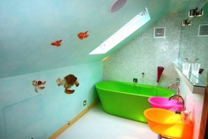 Bathroom Designs Small Kids Bathroom Design Idea With Sloping Ceiling Design Ideas And Vivid Color Of Washbasin With Green Bathtub With Turtle Sticker And Blue Bathroom Wall Small-Jacuzzi-Tub-Ideas-And-Grey-Wall-Design-Ideas-With-Artistic-Shaped-Ceramics-Tile-For-Small-Bathroom-Design-Ideas-And-Grey-Wall-And-Fashionable-Faucet