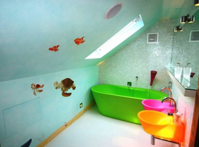 Bathroom Designs Medium size Bathroom Designs Small Kids Bathroom Design Idea With Sloping Ceiling Design Ideas And Vivid Color Of Washbasin With Green Bathtub With Turtle Sticker And Blue Bathroom Wall To Design Bathrooms With Natural Stones