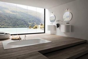 Bathroom Designs Thumbnail size Spacious Bathroom Design Idea And Mounted Washbasin Cabinet Design With Bathtub And Wooden Floor With Bay Window Without Curtain And Mounted Mirror