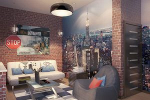 Bedroom Designs Thumbnail size Tennarger Bedroom Design Ideas With Wooden Flooring Black And White Fur Rug Glass Table Laptop Grey Sofa Blue Cushion Brick Wall Blue Cushion White Sofa City Wall Decor Art Chandelier Door Design