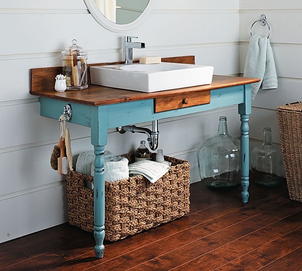 Turquoise Vanity Unit Wooden Flooring White Wall Washbasin Cabinet Stainless Faucet Round Mirror Wooden Drawer Bathroom Design Ideas Modern Vanity Bathroom Ideas Bathroom Designs