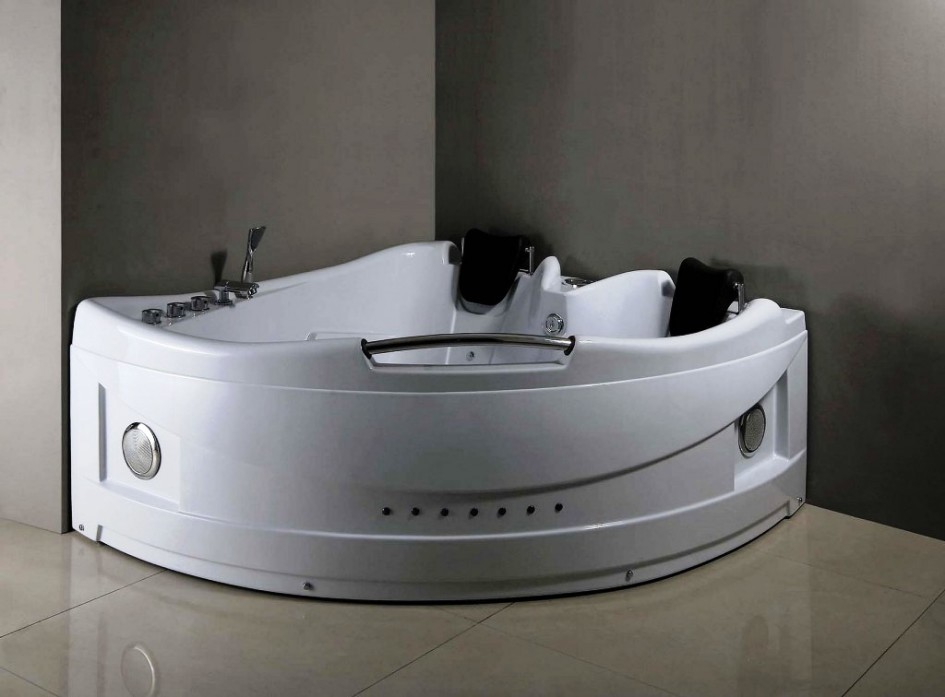 White Corner Jacuzzi Tub Ideas For Bathroom Interior Design With Stainless Faucets For Contemporary Bathroom Design Ideas And Futuristic Shaped Dark Reclining Bathroom Designs