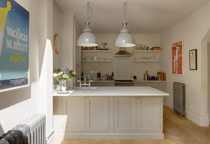 Kitchen Designs White Kitchen Design Ideas With Pendant Lamp And White Open Kitchen Shelving Design Ideas With White Wall Design And White Kitchen Island Design With Wooden Flooring Kitchen Wall Tile Ideas In Ceramics