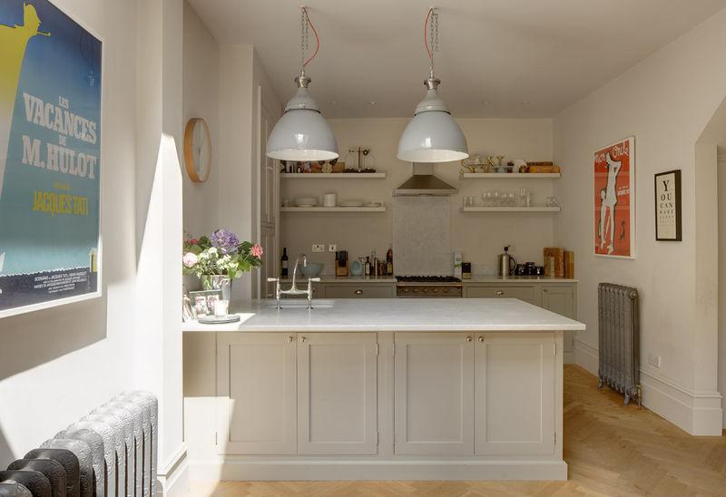 White Kitchen Design Ideas With Pendant Lamp And White Open Kitchen Shelving Design Ideas With White Wall Design And White Kitchen Island Design With Wooden Flooring Kitchen Designs