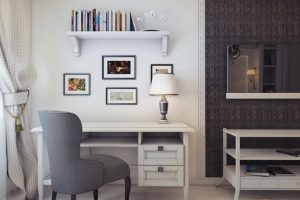 Furniture + Accessories Thumbnail size Workspace Inspiration Design Ideas With Black And White Workspace Wall Design Ideas With Wooden Wall Shelf Design With White Desk Design And Table Lamp With White Workspace Ideas