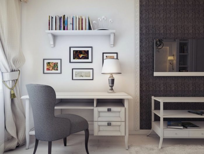 Furniture + Accessories Workspace Inspiration Design Ideas With Black And White Workspace Wall Design Ideas With Wooden Wall Shelf Design With White Desk Design And Table Lamp With White Workspace Ideas Selecting Best Office Desk