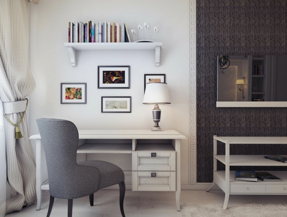 Workspace Inspiration Design Ideas With Black And White Workspace Wall Design Ideas With Wooden Wall Shelf Design With White Desk Design And Table Lamp With White Workspace Ideas Furniture + Accessories