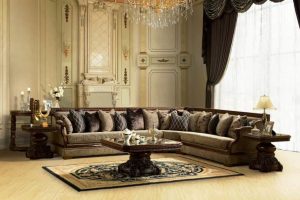 Ideas Thumbnail size Apartment Living Room Decorations With Brown Curtain For Bay Window With Rich Of Carved Coffee Table With L Shaped Traditional Sofa Set And Fully Cushion Ideas