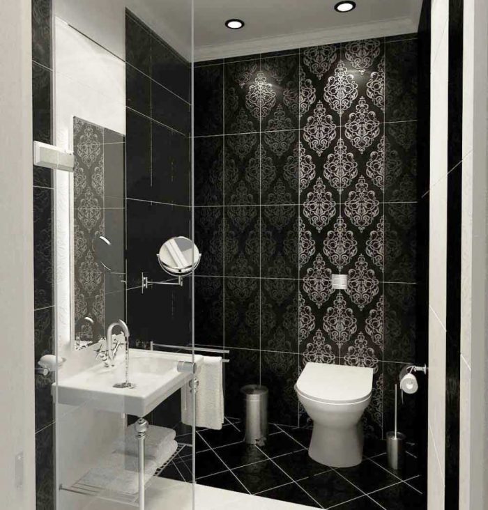Bathroom Designs Medium size Black Tiles Wall Decorating Ideas With White Toilet Furniture Design With White Rectangle Sinks Furniture Design For Small Bathroom Design For Modern Black And White Bathroom Design
