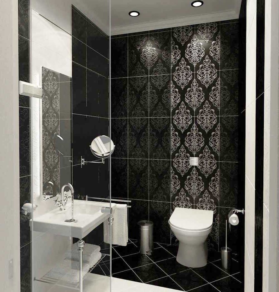 Black Tiles Wall Decorating Ideas With White Toilet Furniture Design With White Rectangle Sinks Furniture Design For Small Bathroom Design For Modern Black And White Bathroom Design Bathroom Designs