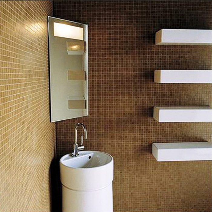 Bathroom Designs Medium size Contemporary Bathroom For Small Bathrooms Interior Design Ideas White Floating Shelves With Round Washbasin Cabinet Design And Brown Ceramic Tile Wall Designs Ideas