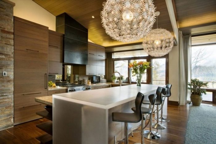 Kitchen Designs Modern Kitchen Design Ideas With Wooden Flooring And Chandelier Also Kitchen Island Design With Seating And Kitchen Cabinet Design Ideas And Glass Door With Grey Curtains Ideas Options For Countertops: Glass Or Solid Surface