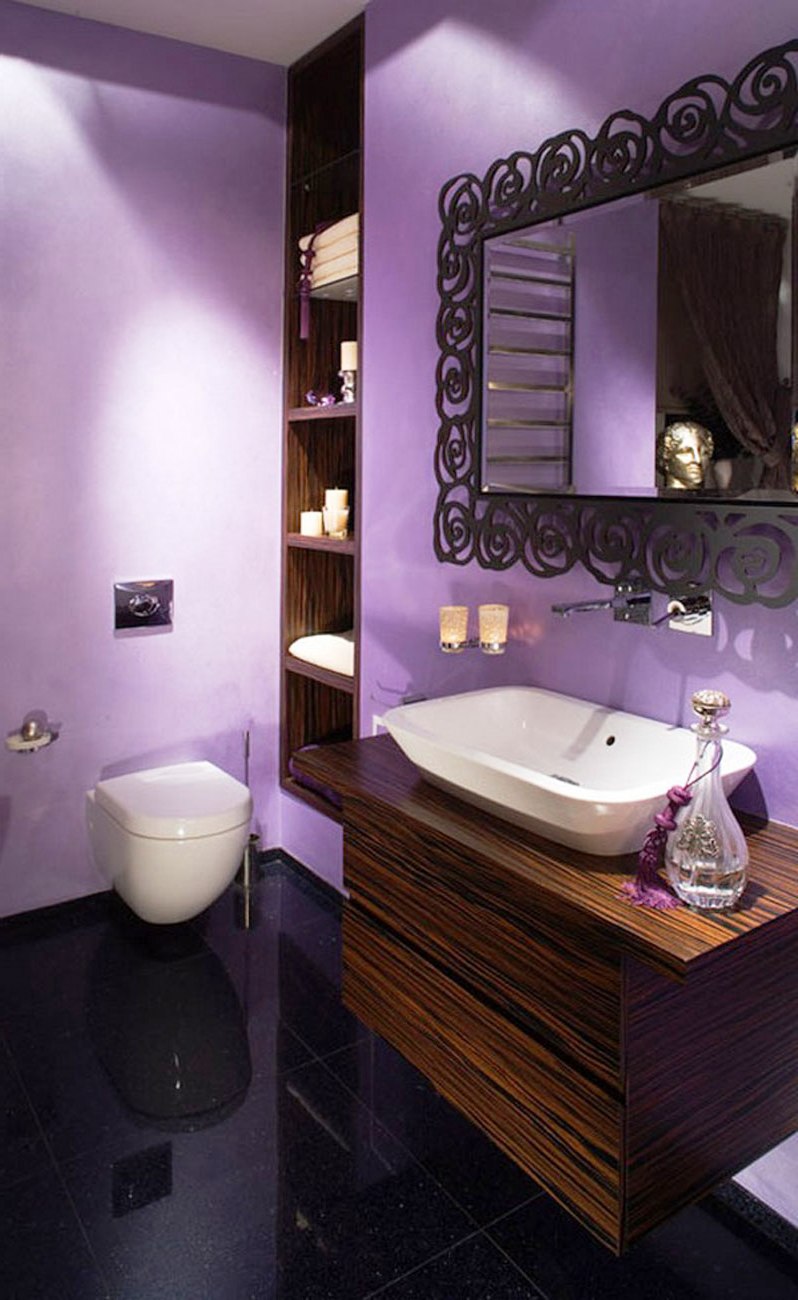 Modern Violet Small Bathroom Paint Ideas And White Wash Basin Design For Purple Bathroom Interior Design Ideas With Luminous Marble Floor And Toilet With Mounted Mirror Design Bathroom Designs