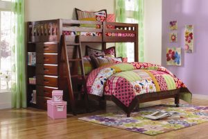 Kids Room Designs Thumbnail size Elegant Parquet Flooring Room With Brown Pattern Furry Rug Also Pink Floral Comforter In Dark Brown Cherry Wood Bunk Bed For Makeover Bedroom Style Scheme Impressive Bunk Beds Styles