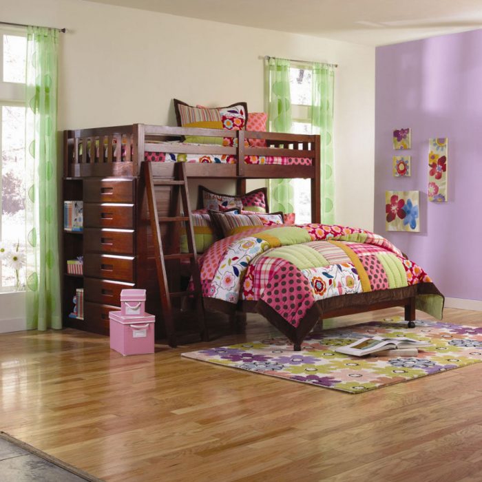 Kids Room Designs Elegant Parquet Flooring Room With Brown Pattern Furry Rug Also Pink Floral Comforter In Dark Brown Cherry Wood Bunk Bed For Makeover Bedroom Style Scheme Impressive Bunk Beds Styles Bunk Beds Designs To Choose