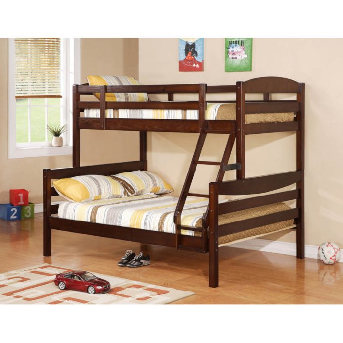 Kids Room Designs Interior Great Dark Brown Walnut Wooden Bunk Bed For Makeover Bedroom Style Scheme Also Cream Stripes Comforter Also Cream Furry Rug In Parquet Flooring Room Scheme Impressive Bunk Beds Designs To Choose